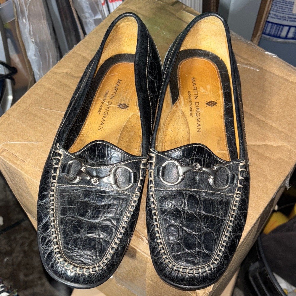 Preowned Martin Dingman Crocodile Embossed Black Loafers